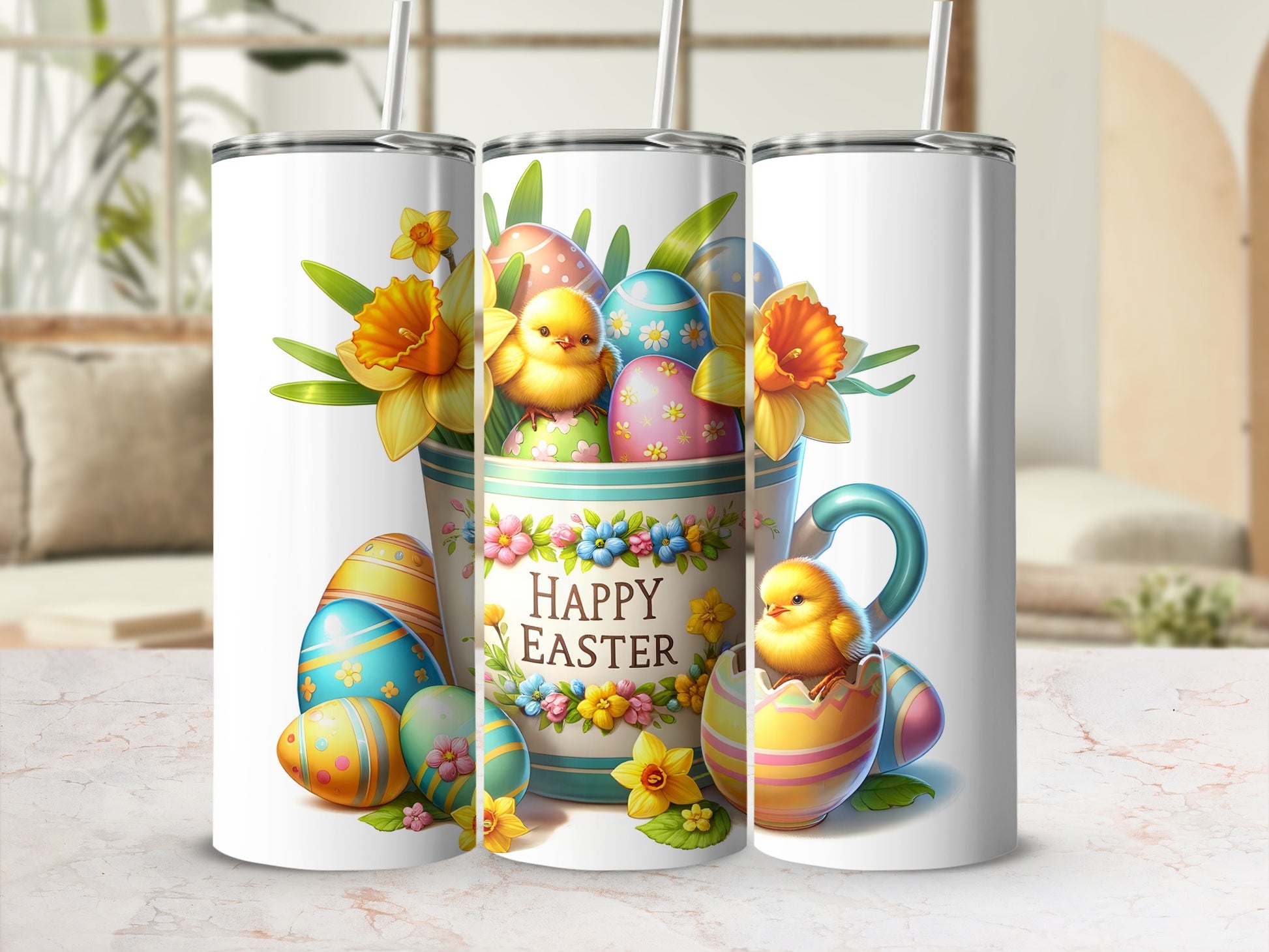 Three Easter-themed tumblers with chicks, eggs, and flowers.