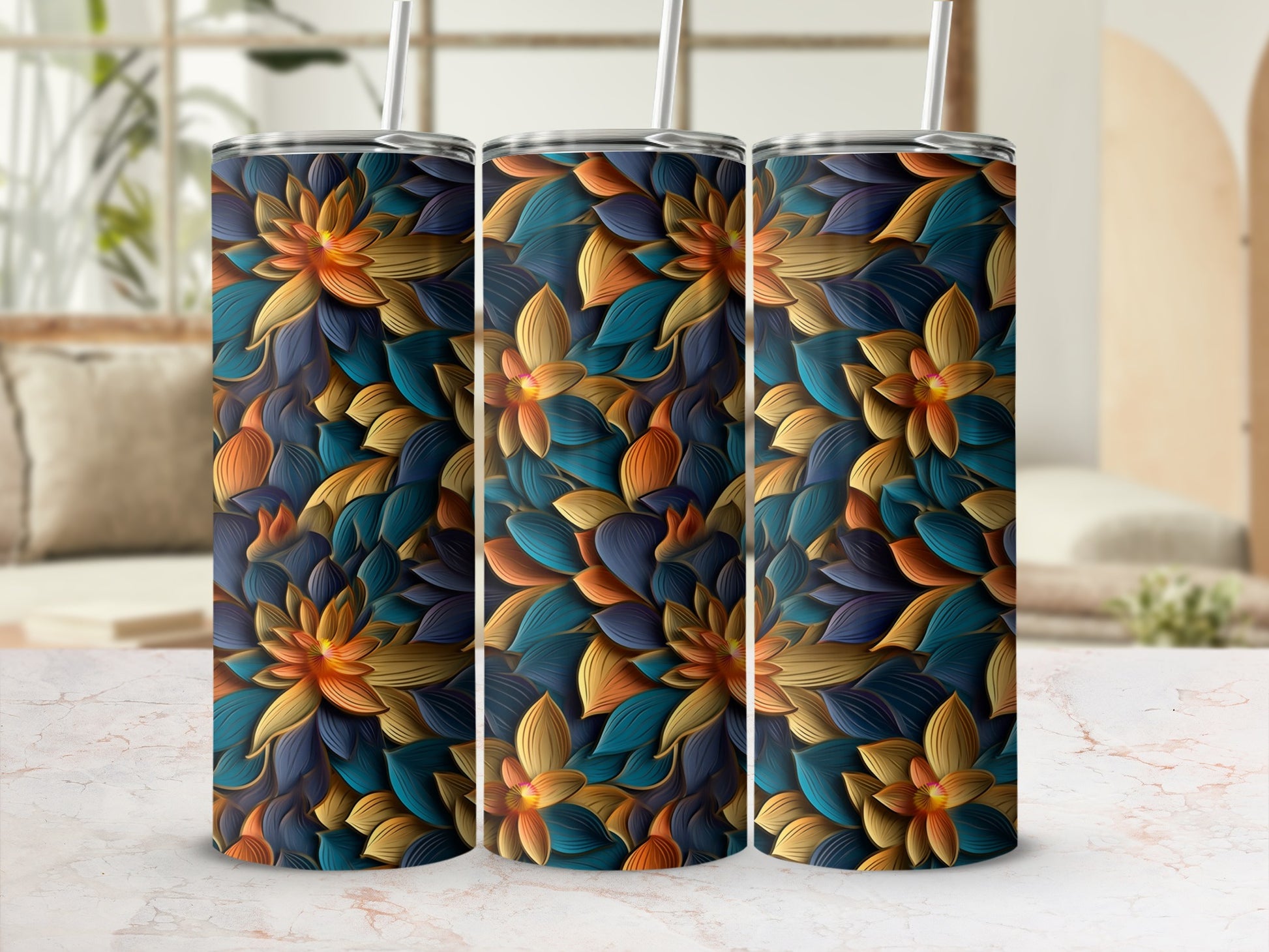 Vibrant Floral Print Insulated Tumbler With Straw