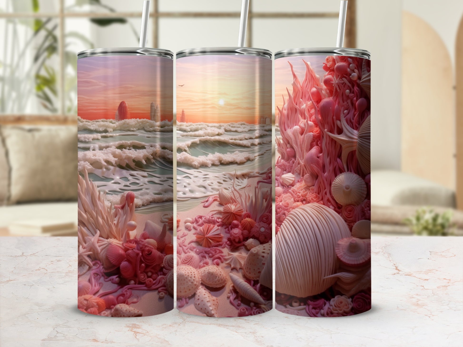 Tall tumbler with seashell and coral ocean beach scene at sunset.