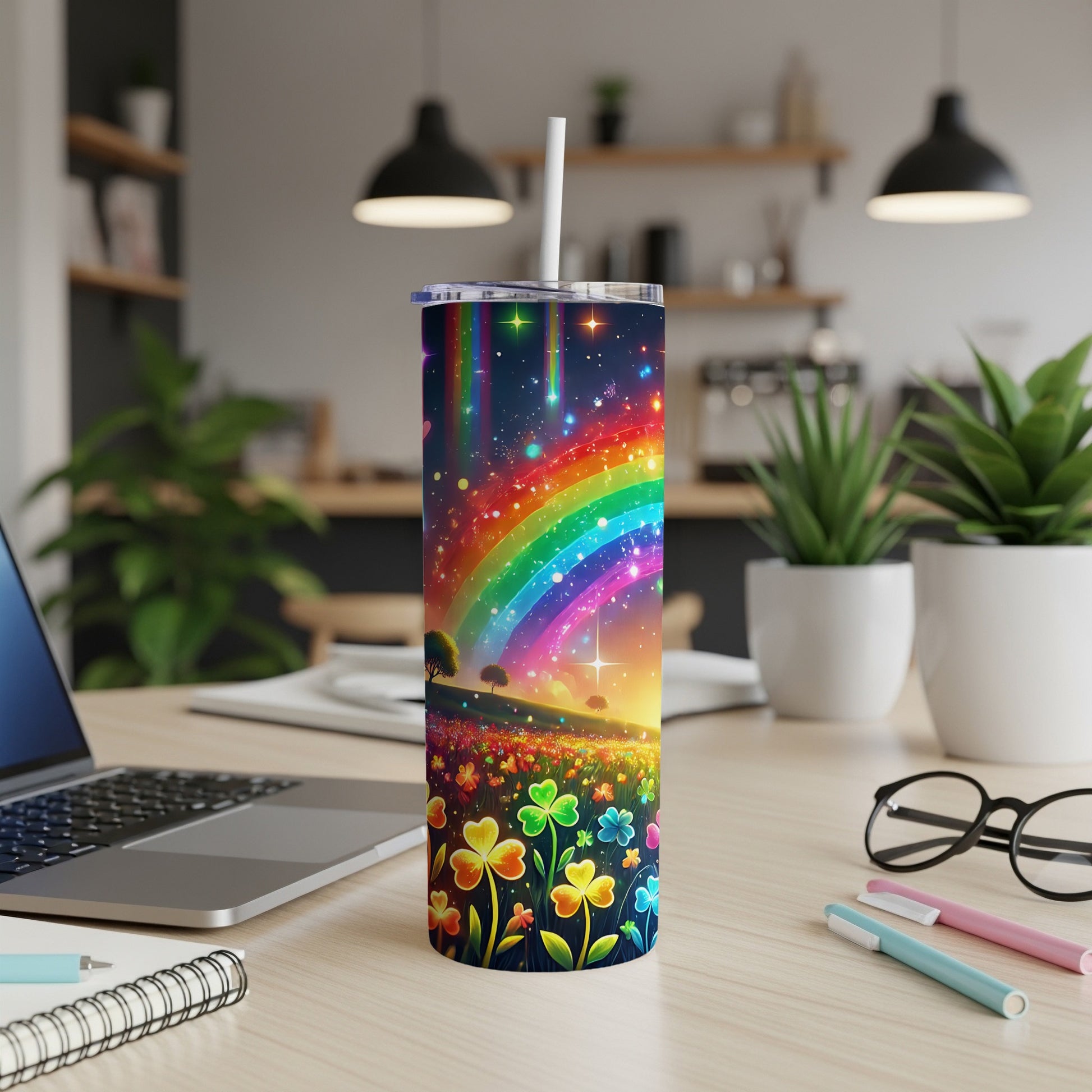 Rainbow and clovers pattern on a white tumbler with a straw.