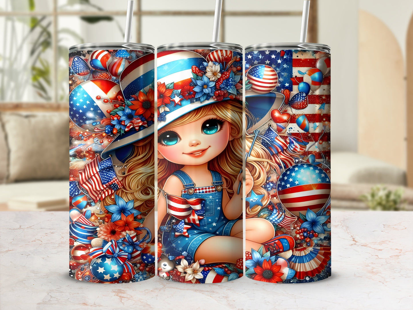 Patriotic girl in denim overalls and straw hat, surrounded by fireworks and flags.
