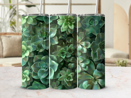 Three green succulent plant tumblers with straws on a counter.