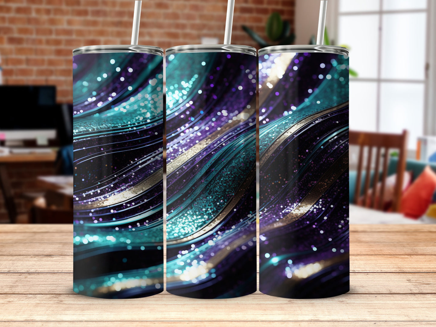 Shimmering Teal Purple Gold Glitter Waves Tumbler product type