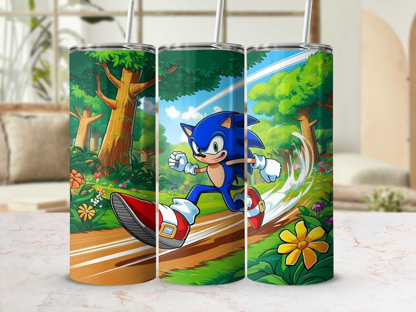 Sonic the Hedgehog running through a colorful forest scene on a tumbler.