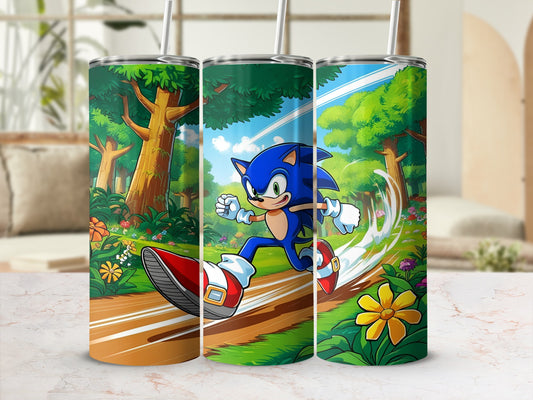 Sonic the Hedgehog running through a colorful forest scene on a tumbler.