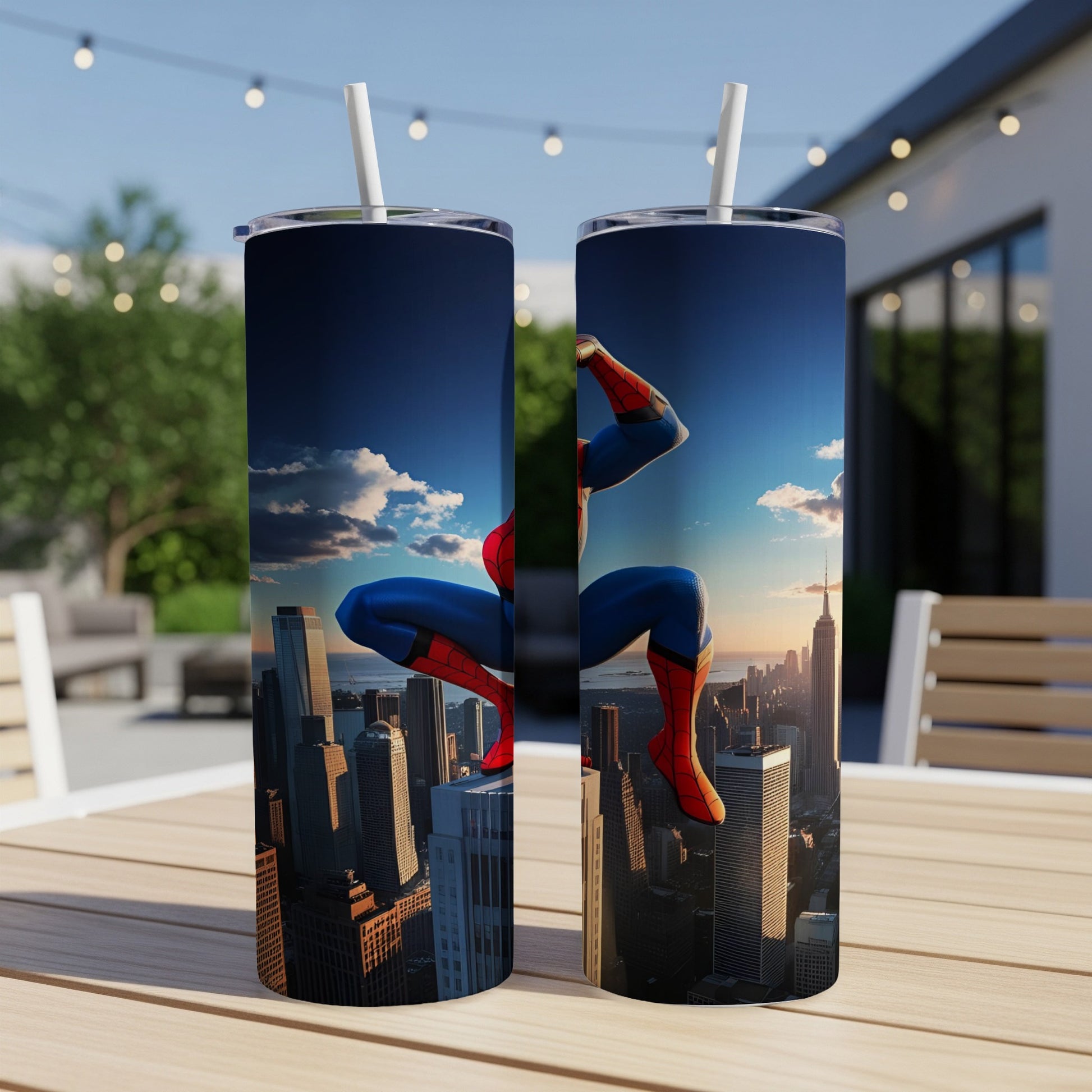 Spider-Man in red and blue suit perched on a skyscraper overlooking a city at sunset.