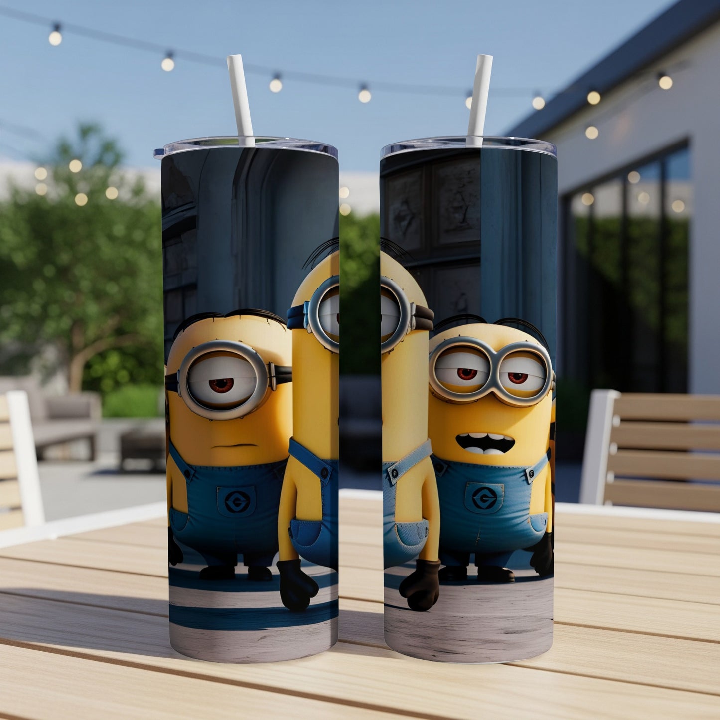 Two Minions in blue overalls on a tumbler with a blurred outdoor background.