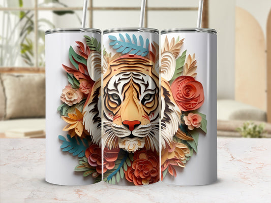 White tumbler with tiger face and floral design.