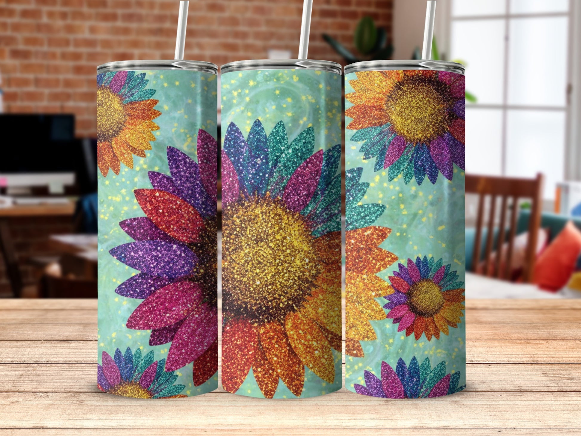 Vibrant Glittery Sunflower Themed Tumbler Collection