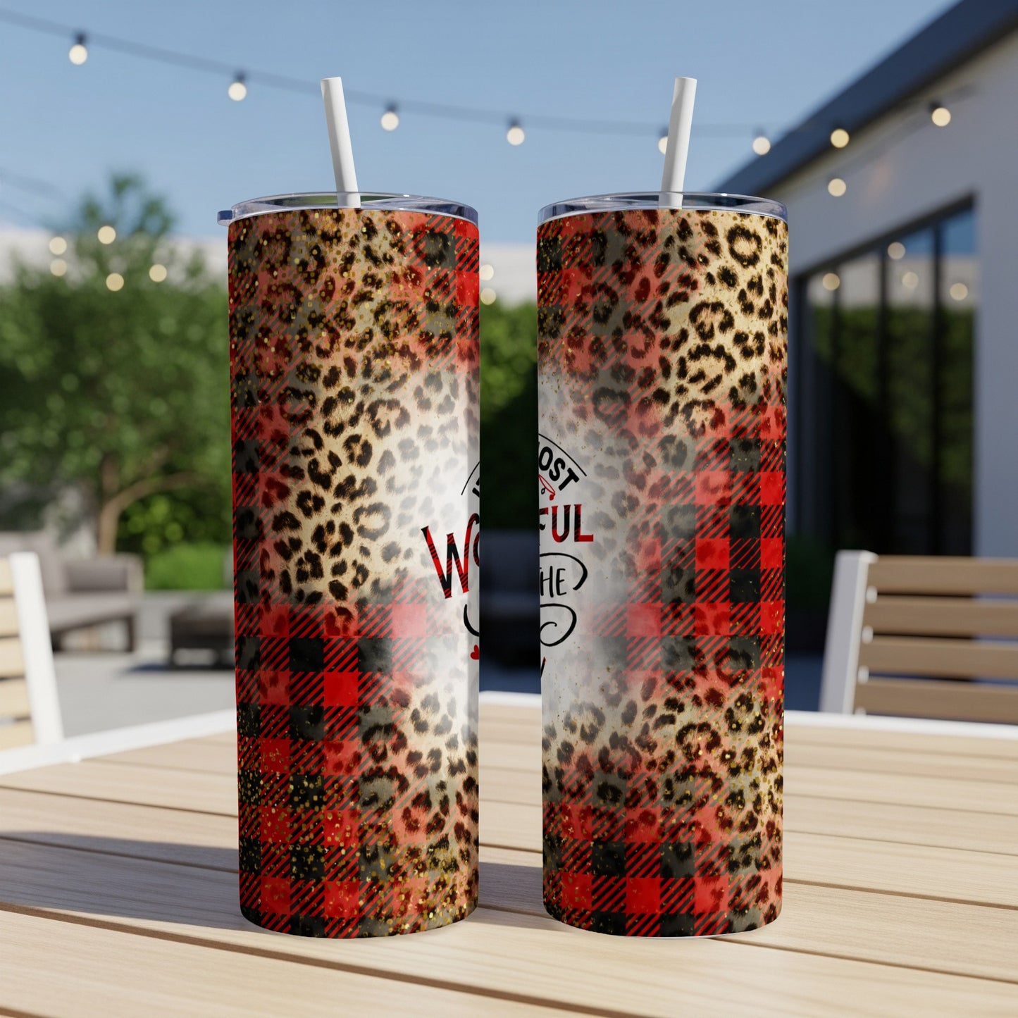 Two tumblers with leopard print, plaid, and "Most Wonderful Time" text.