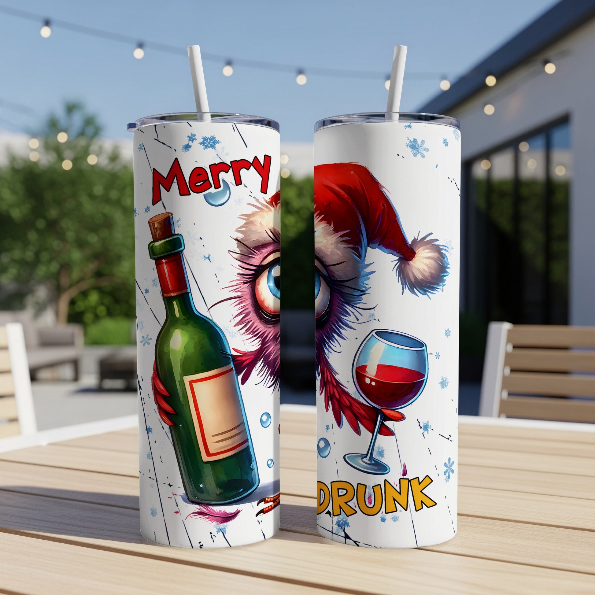 Two tumblers with owl and wine graphics, one saying "Merry", the other "Drunk".