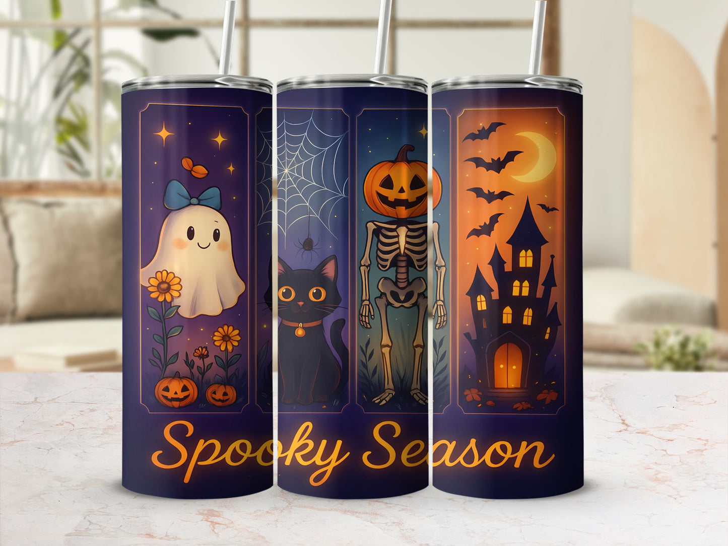 Three tumblers with Halloween designs: ghost, cat, skeleton, haunted house, and "Spooky Season" text.