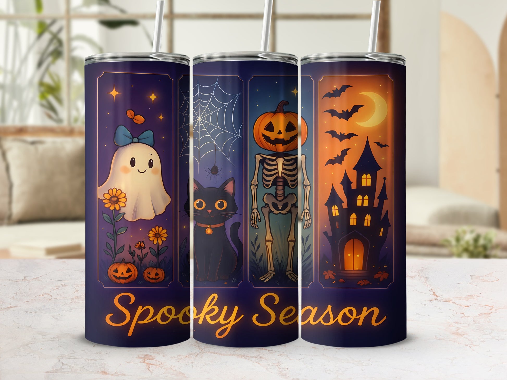 Three tumblers with Halloween designs: ghost, cat, skeleton, haunted house, and "Spooky Season" text.