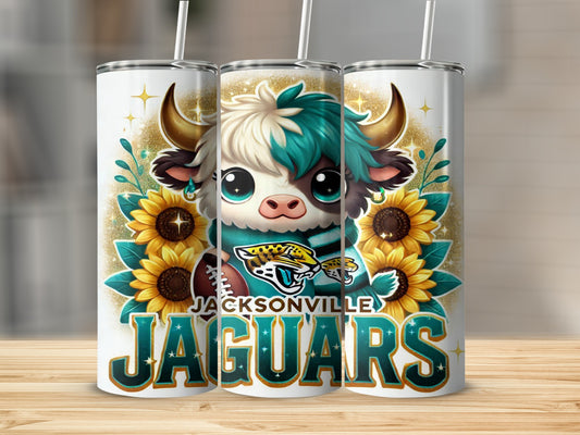 Cute bull with Jacksonville Jaguars logo and sunflowers on a tumbler.