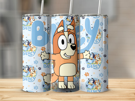 Bluey characters on a light blue patterned tumbler with straw.