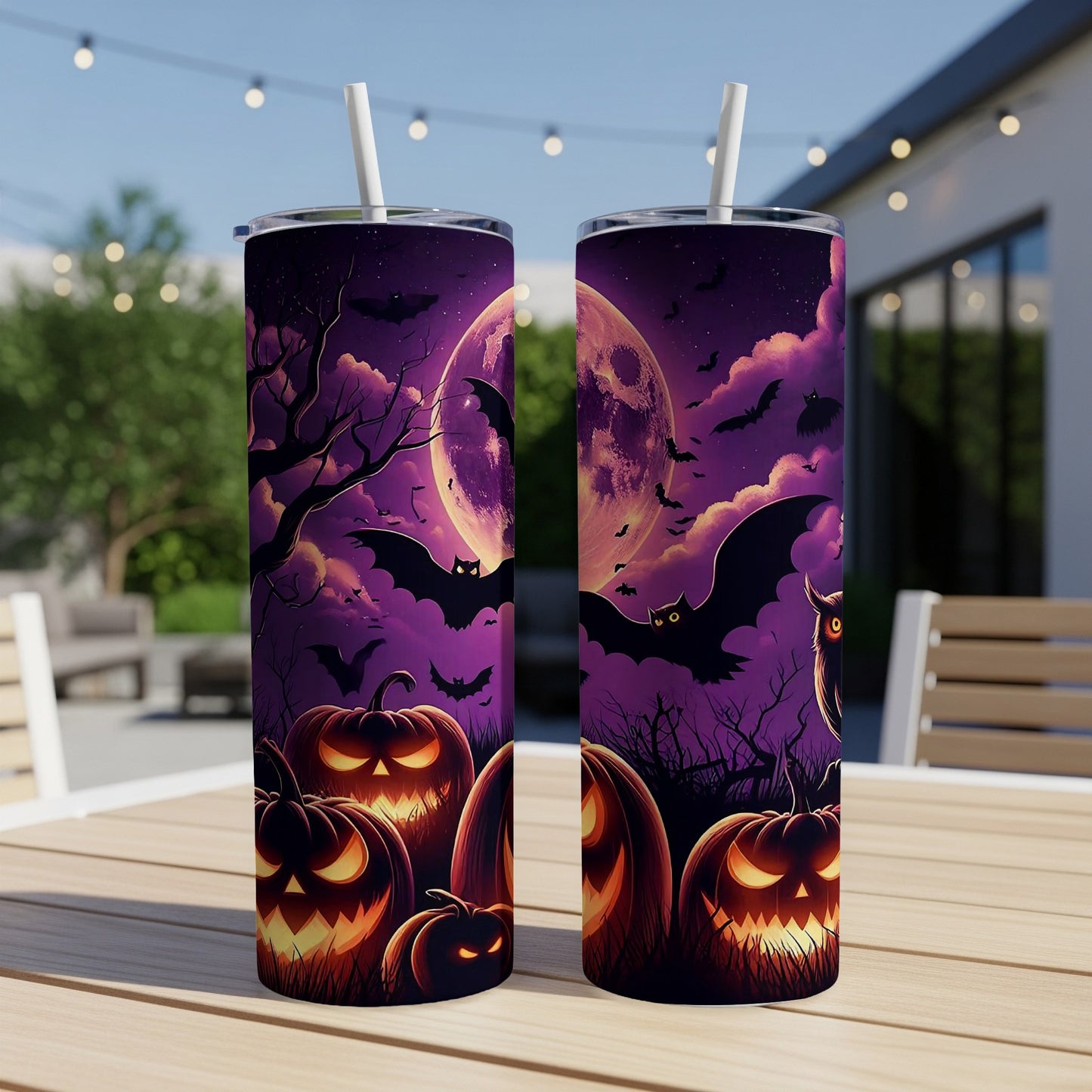 Two tumblers with a spooky Halloween design featuring jack-o'-lanterns, bats, and a full moon.