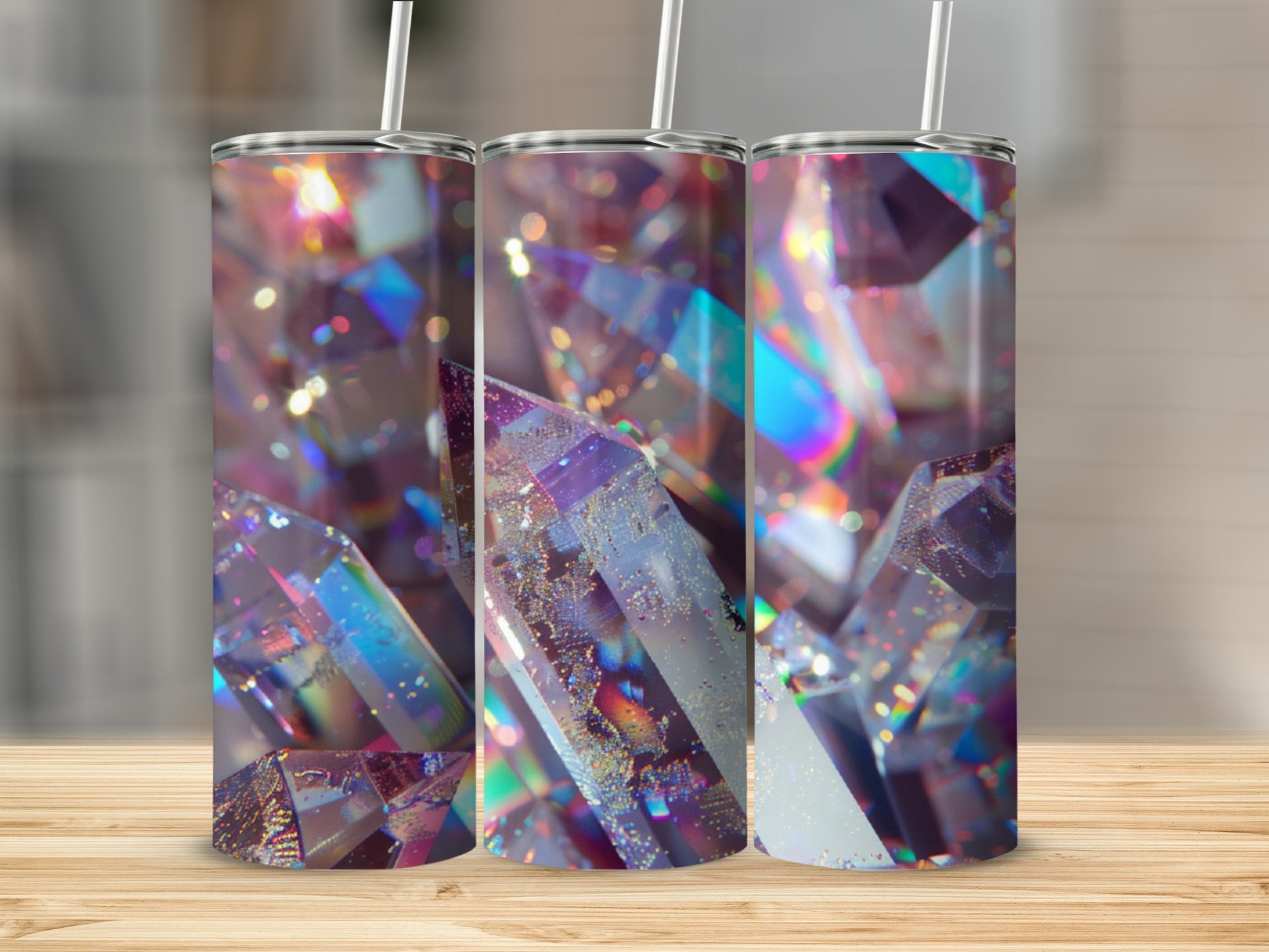 Three tumblers with iridescent crystal and glitter design.