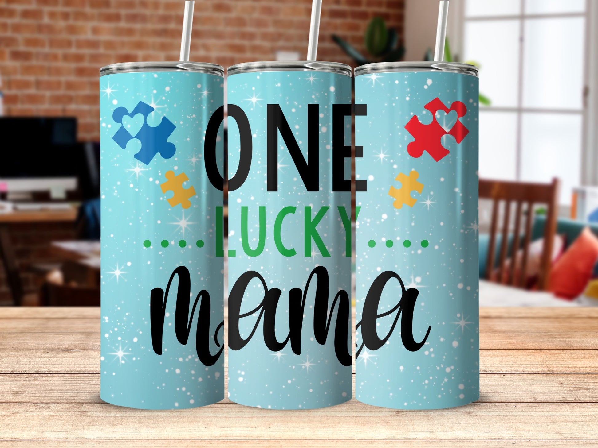 ONE LUCKY MAMA Tumbler with Puzzle Pieces Design