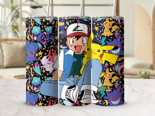 Colorful Ash and Pikachu Design Tumbler Cup