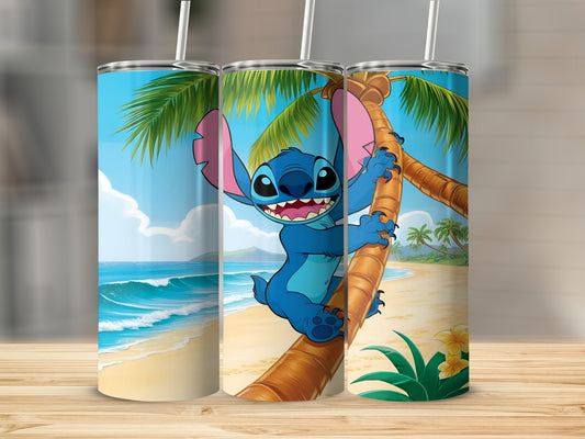 Stitch character from Lilo & Stitch smiling on a palm tree at a beach.