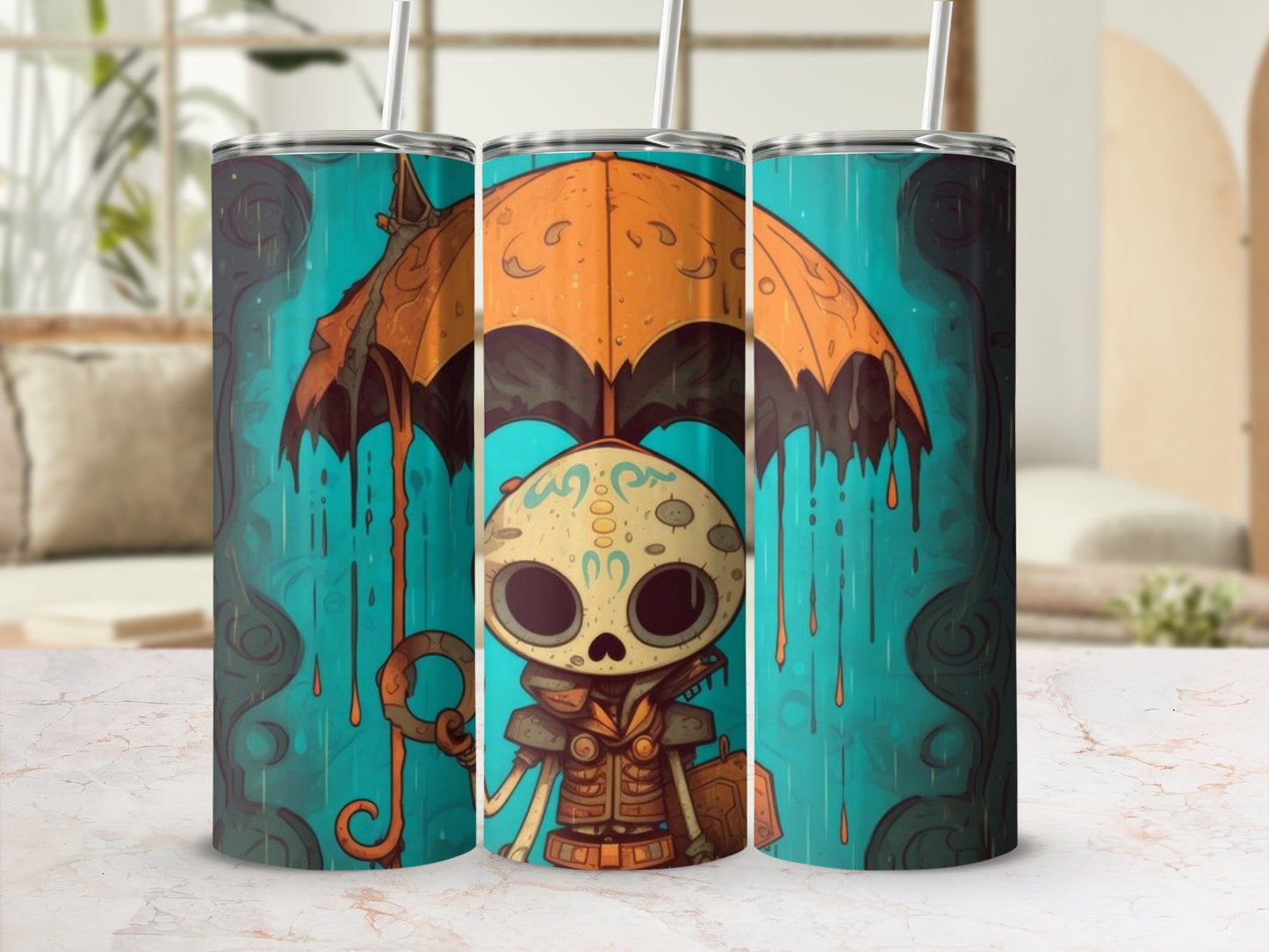 Three tumblers with a cartoon skeleton character holding an umbrella in the rain.