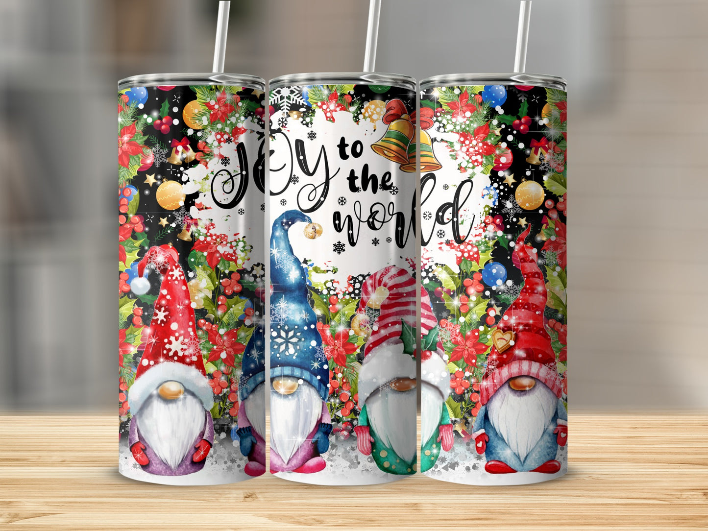 Four gnomes with Christmas decorations and "Joy to the world" text.