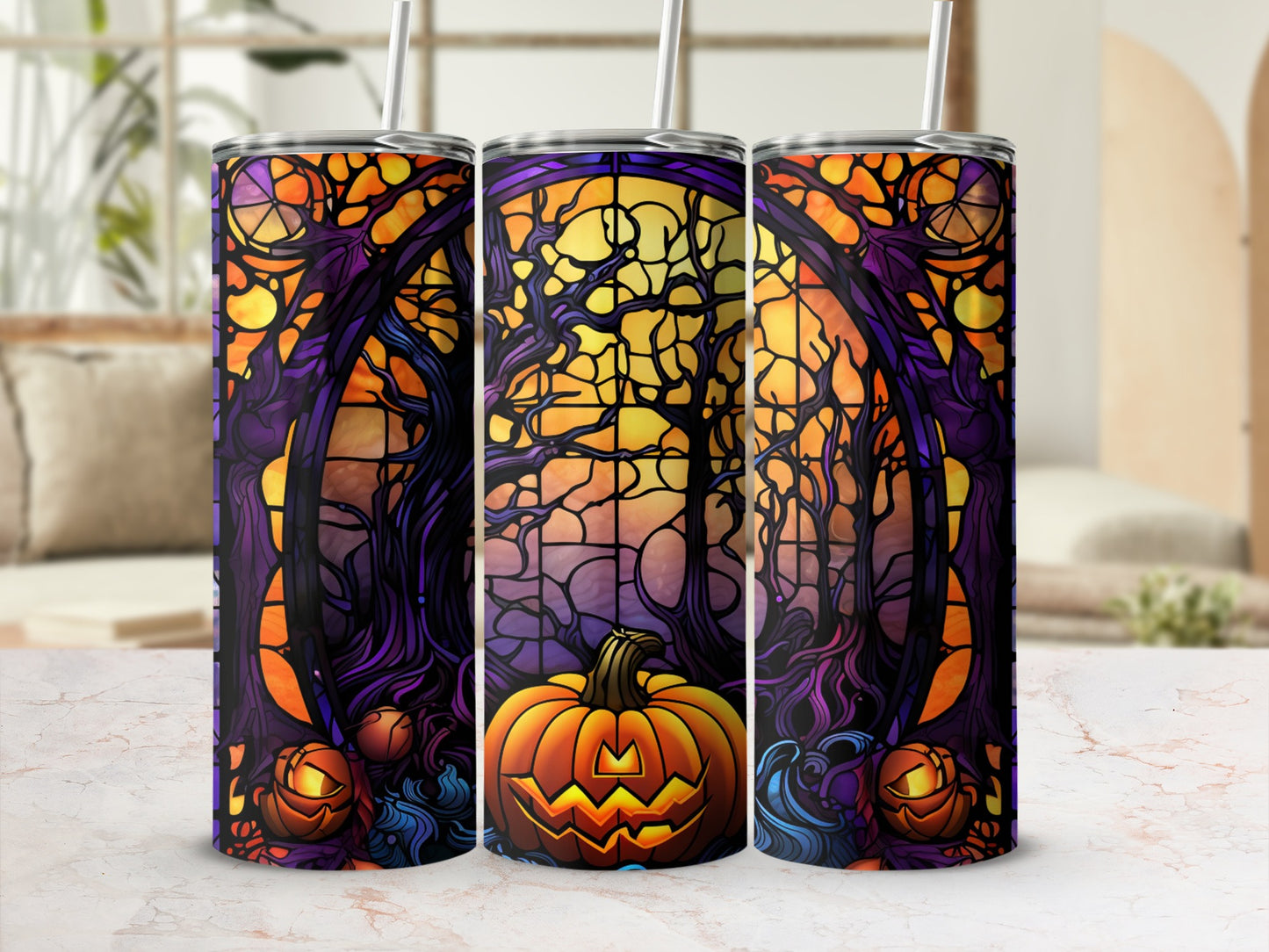 Stained glass tumbler with pumpkin and spooky tree design.