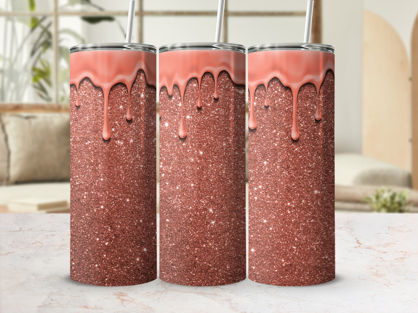 Sparkling Rose Gold Glitter Drip Design Tumbler