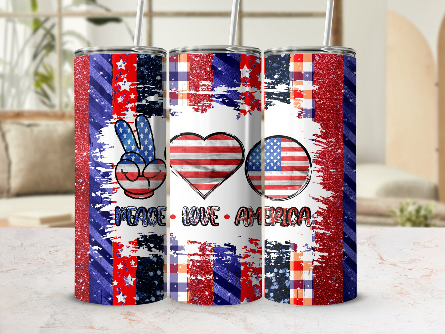 Red, white, and blue patriotic tumbler with peace sign, heart, and American flag graphics.
