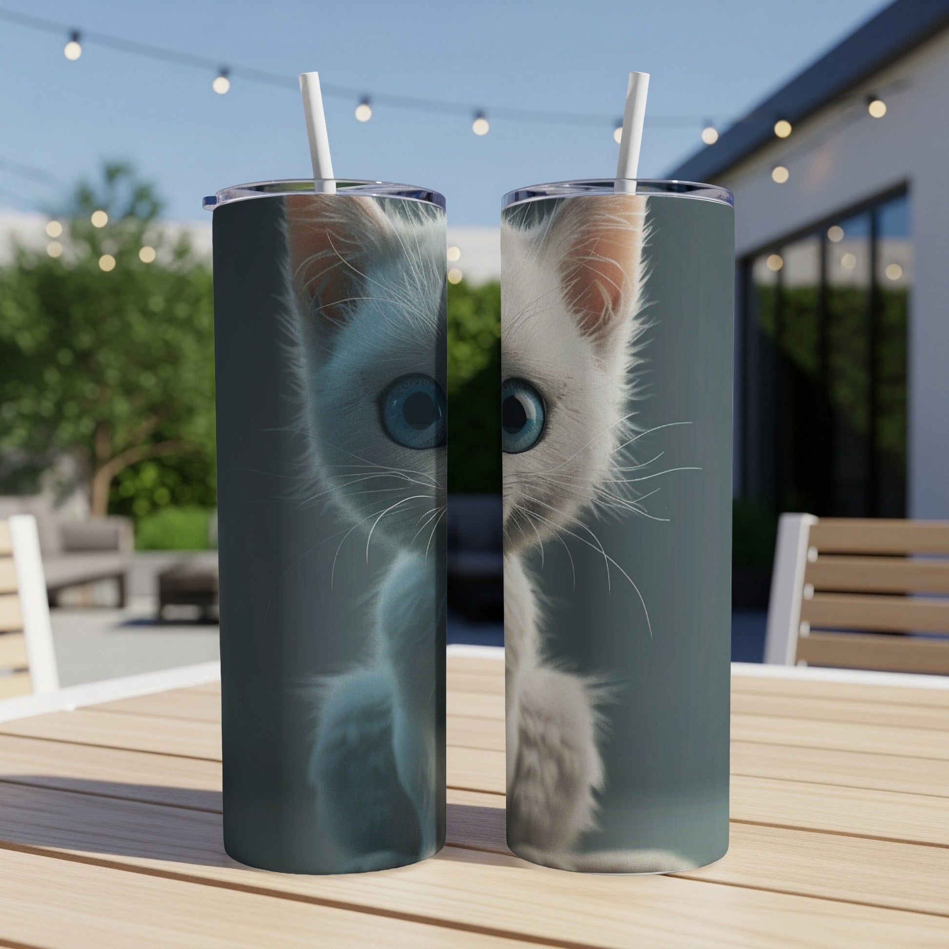 Two identical tumblers featuring a close-up of a fluffy white kitten with large blue eyes.