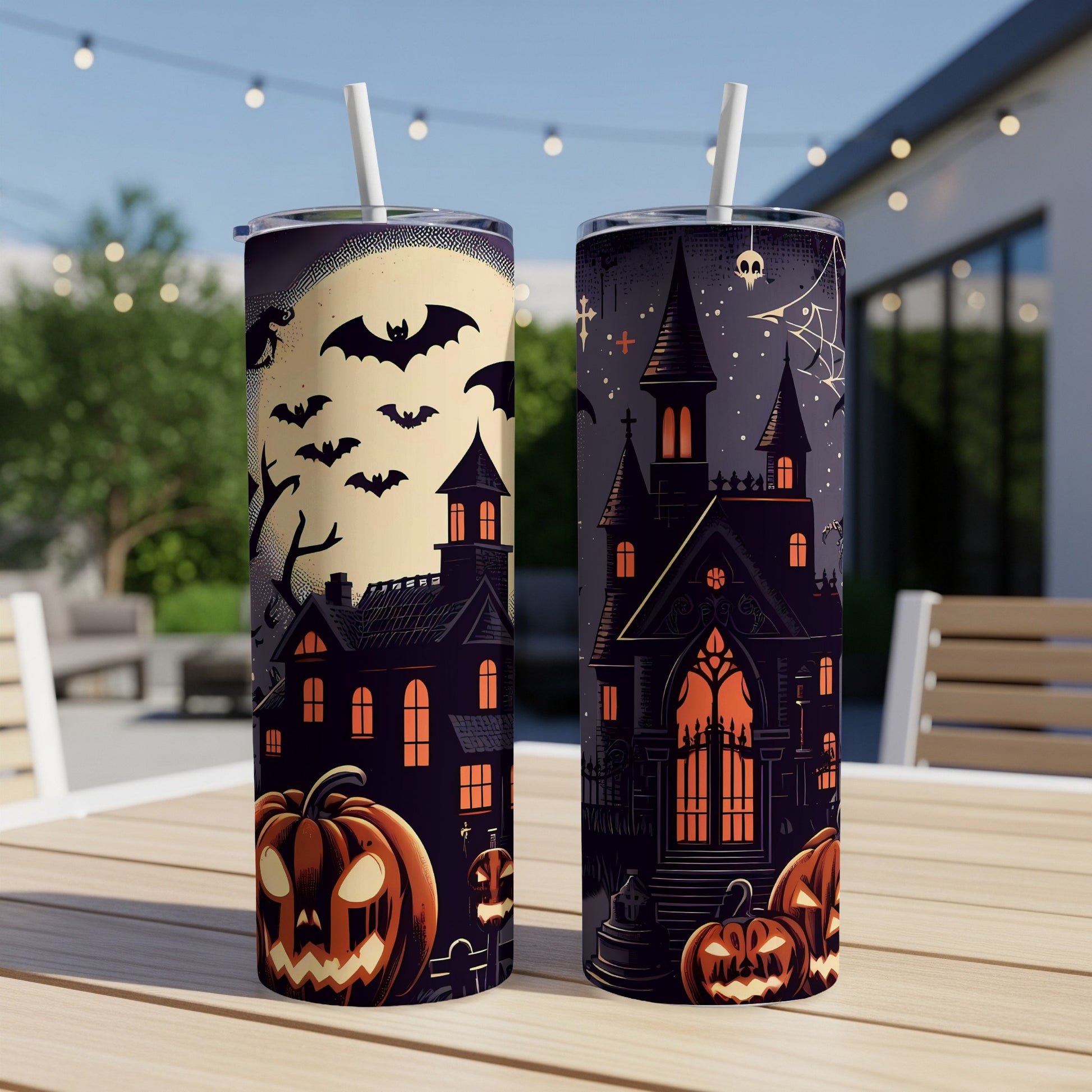 Two Halloween-themed tumblers with haunted houses, pumpkins, and bats.