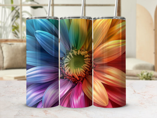 Three tumblers with ombre floral designs in blue, green, and orange hues.