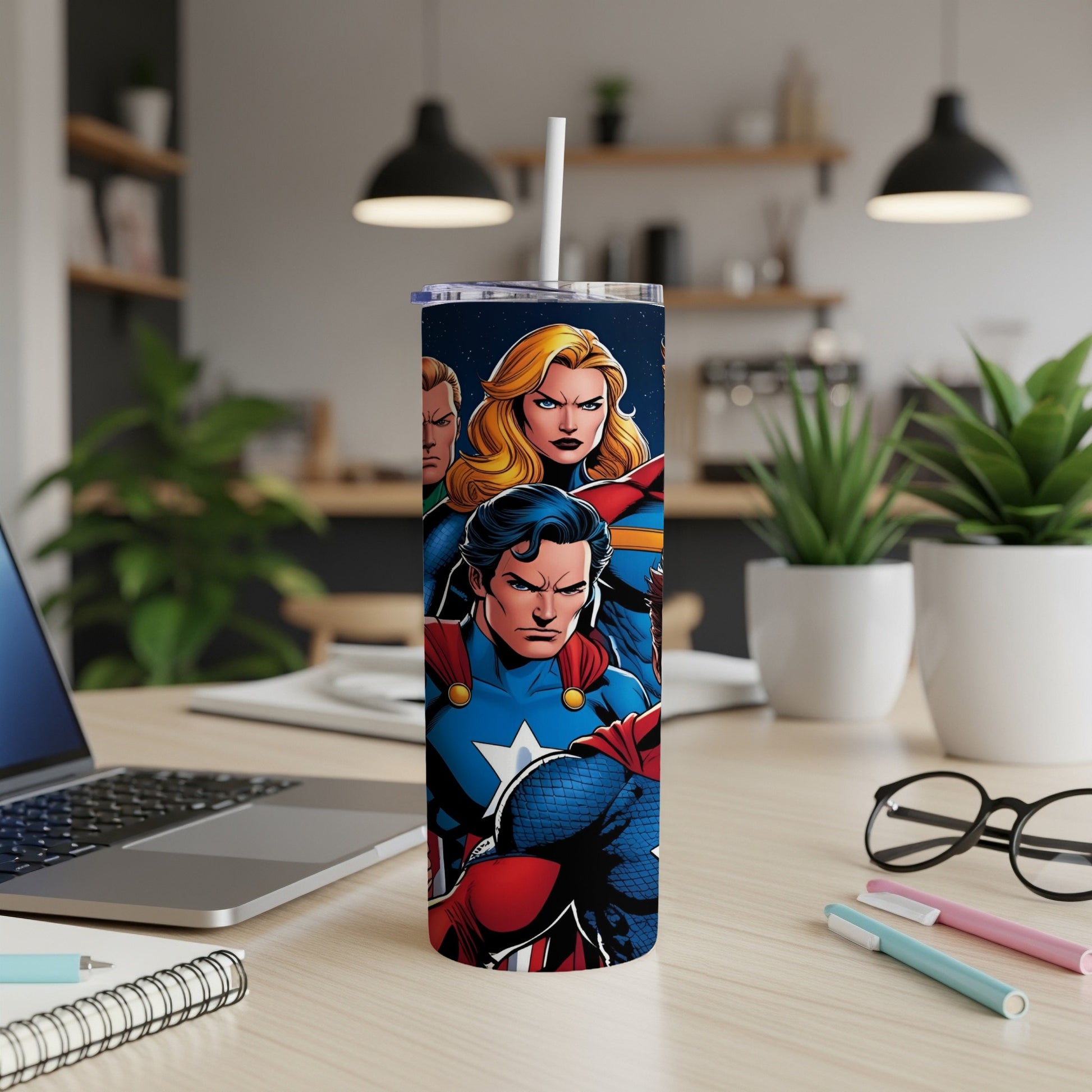 Superhero characters Captain America, Thor, and Wonder Woman on a white tumbler.