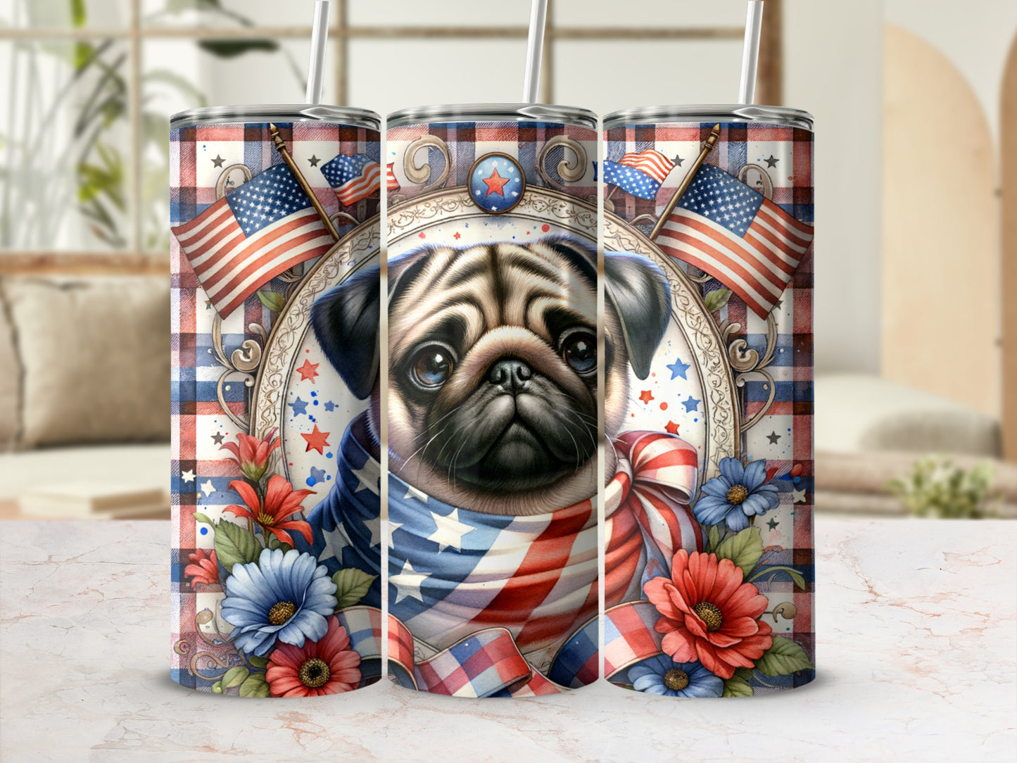 Pug wearing a patriotic bandana with American flags and flowers.