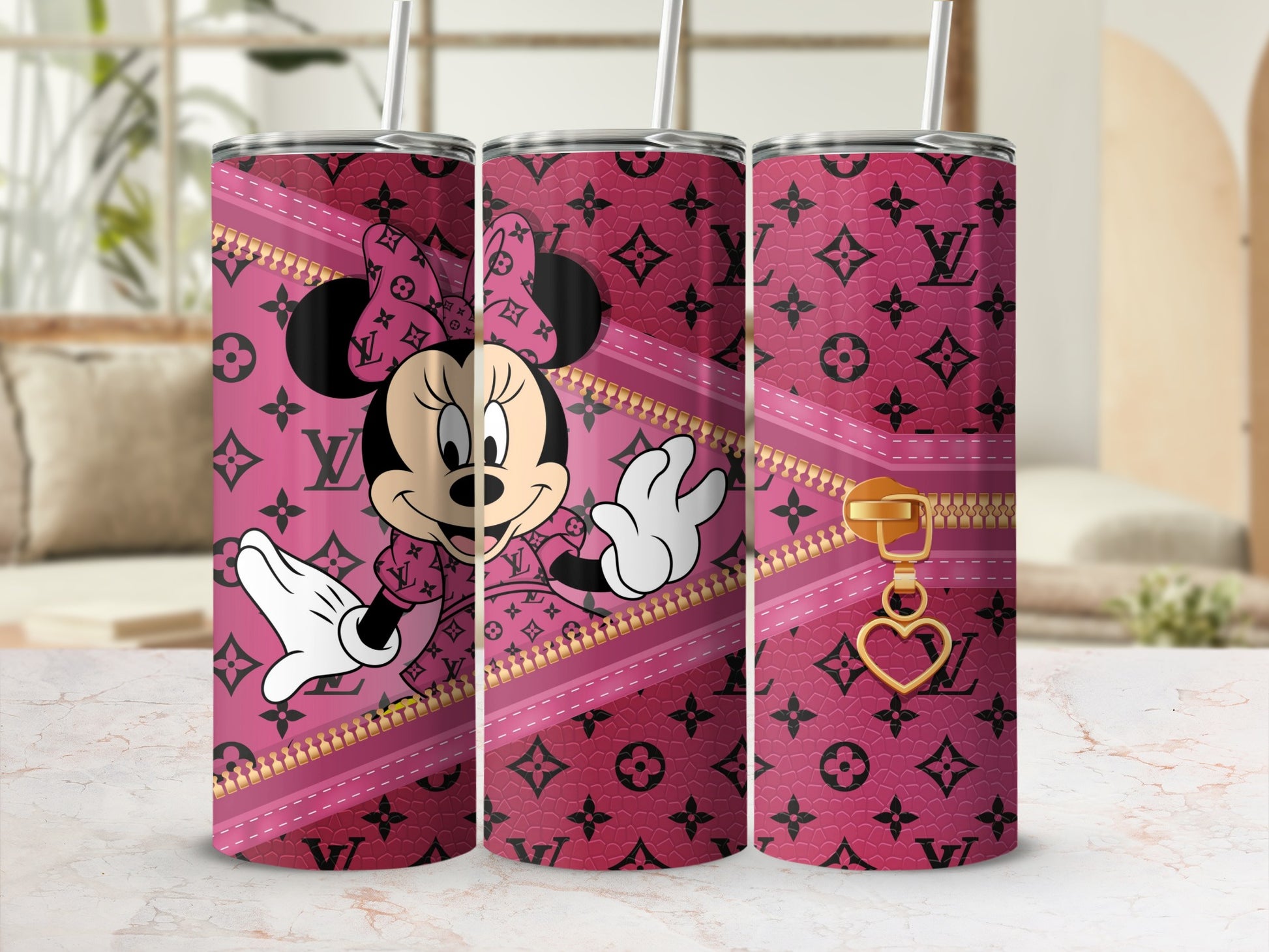 Minnie Mouse on pink monogram background with gold zipper and heart charm.