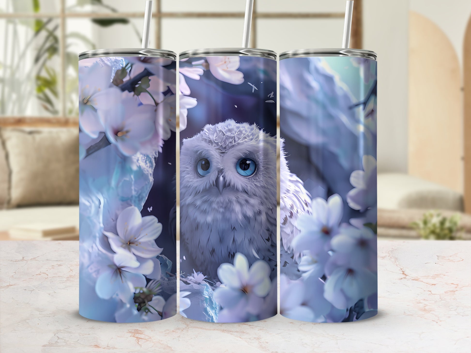 White owl with blue eyes surrounded by delicate white flowers.