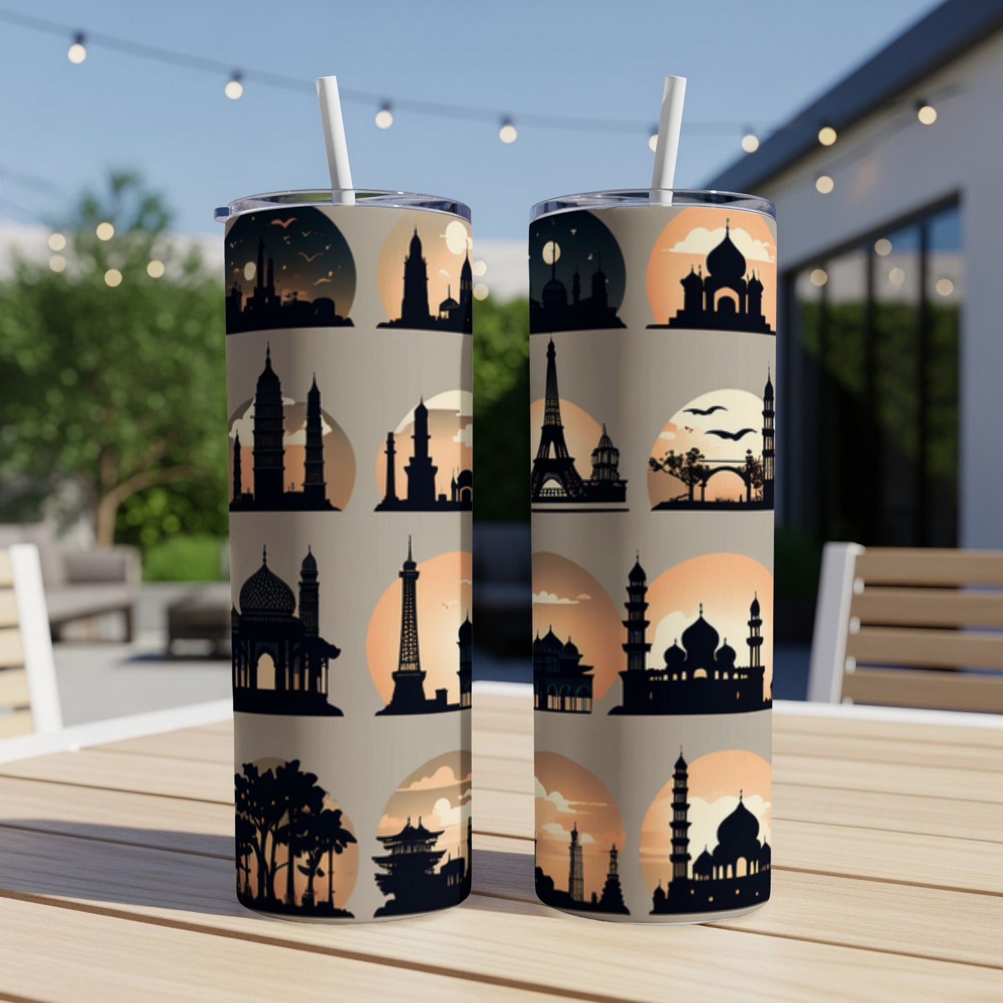 Silhouettes of famous world landmarks within circles on a textured tumbler.