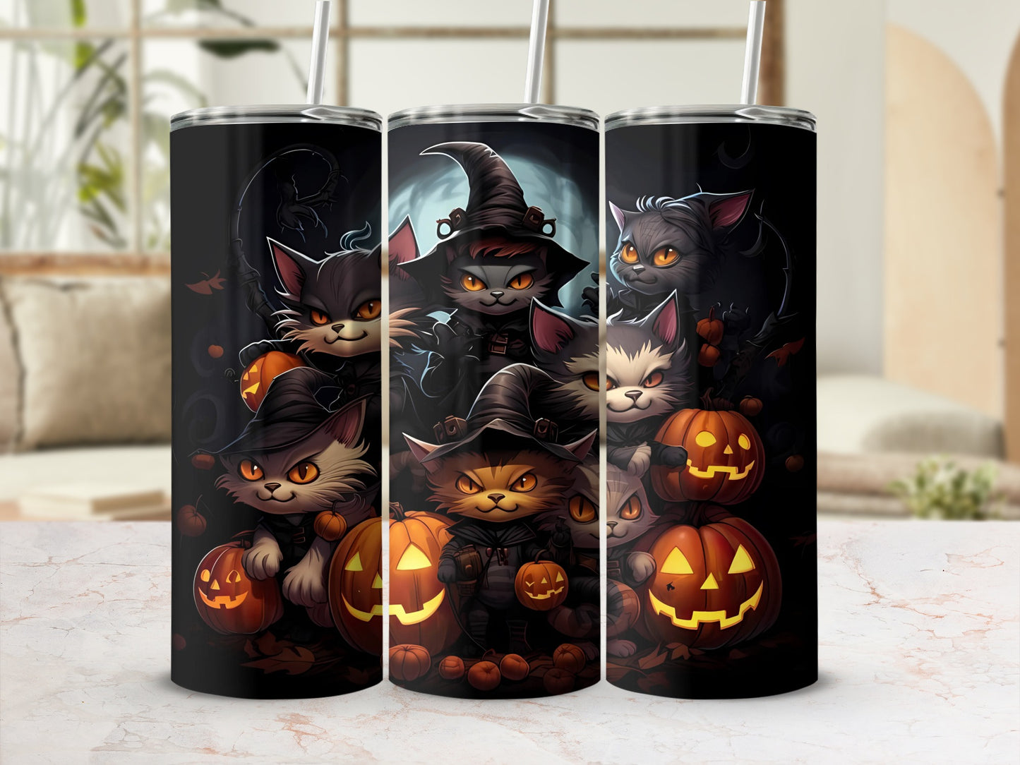 Halloween cats with pumpkins and witch hats wrap around three tumblers.