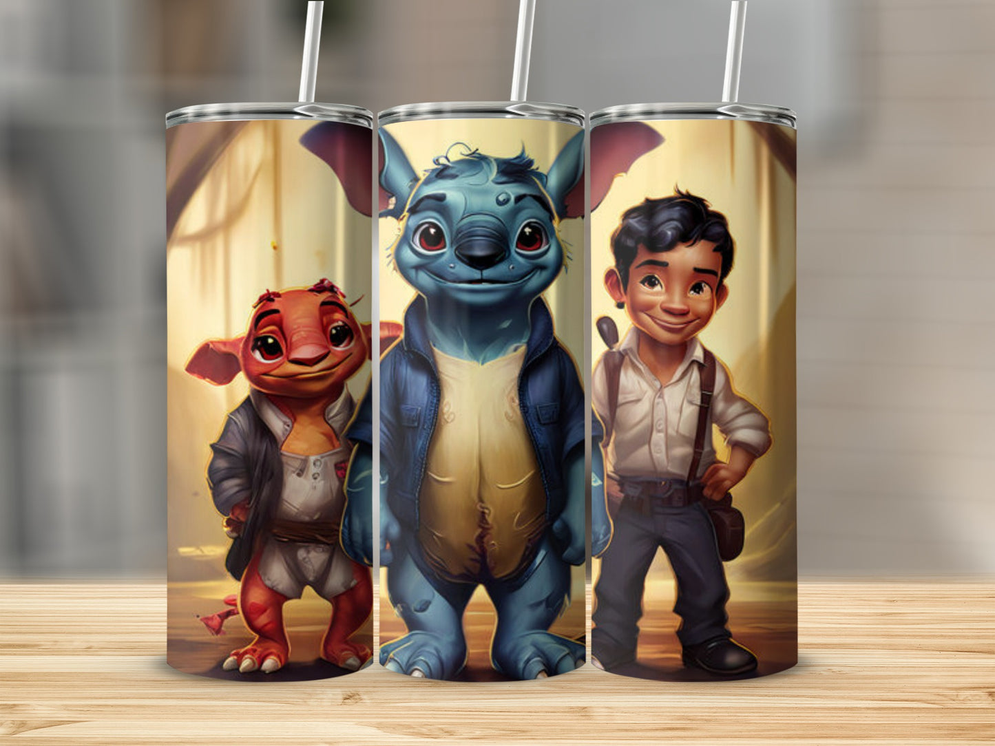 Three cartoon characters, Stitch, Lilo, and Jumba, stand side by side.