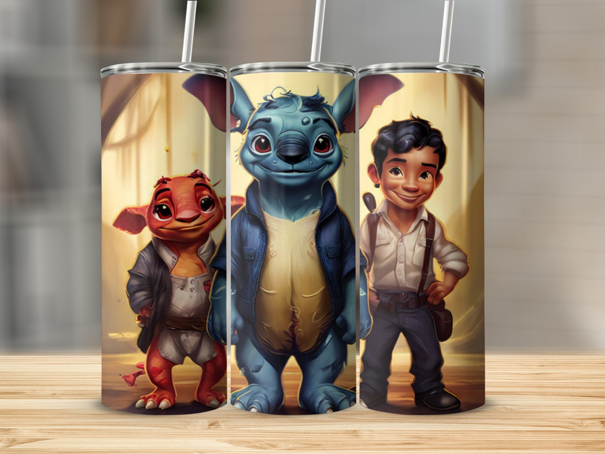 Three cartoon characters, Stitch, Lilo, and Jumba, stand side by side.