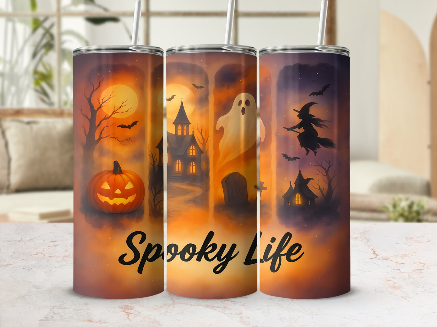 Three tumblers with Halloween designs, including a jack-o'-lantern, ghost, witch, and text "Spooky Life".