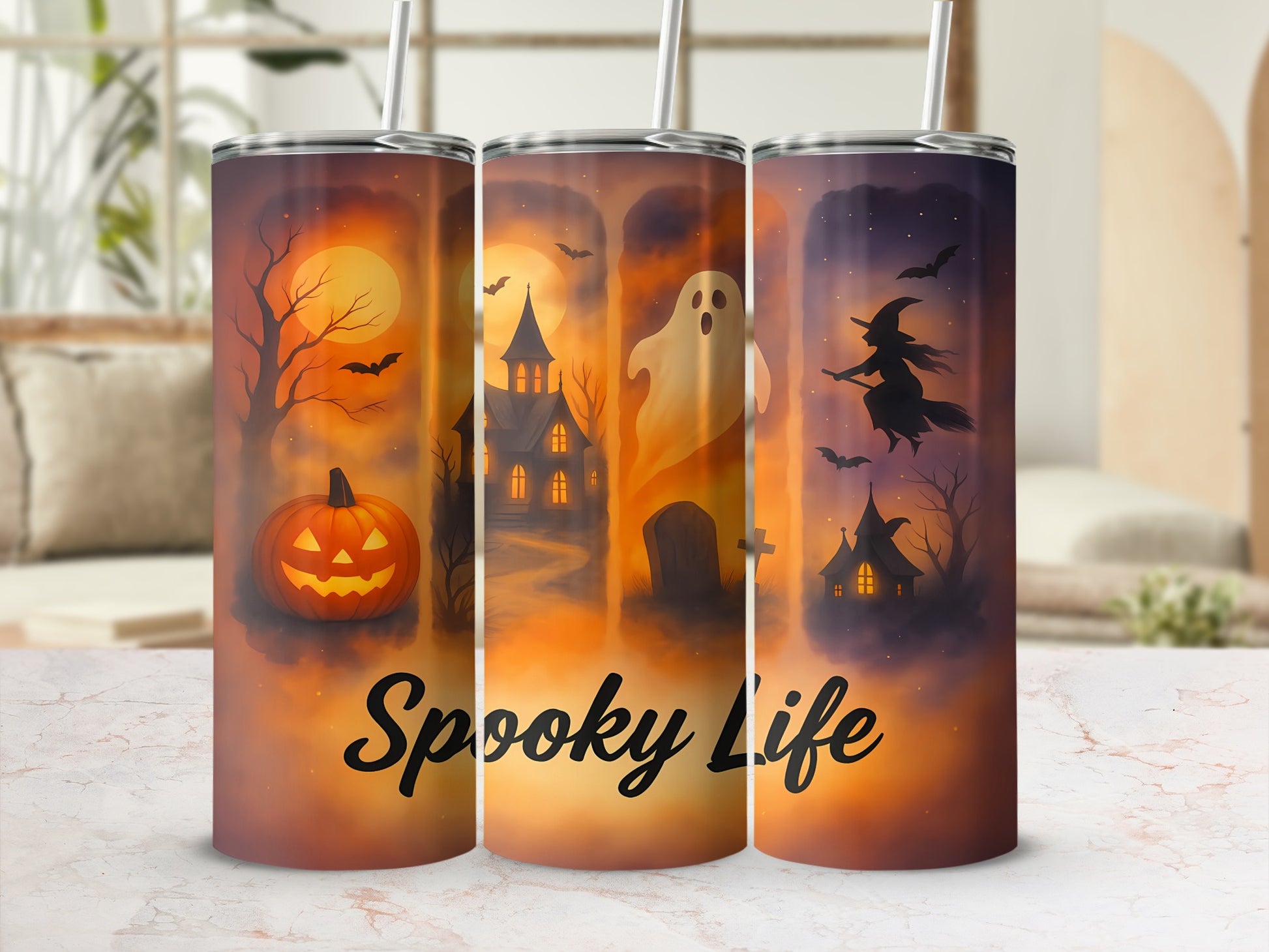 Three tumblers with Halloween designs, including a jack-o'-lantern, ghost, witch, and text "Spooky Life".