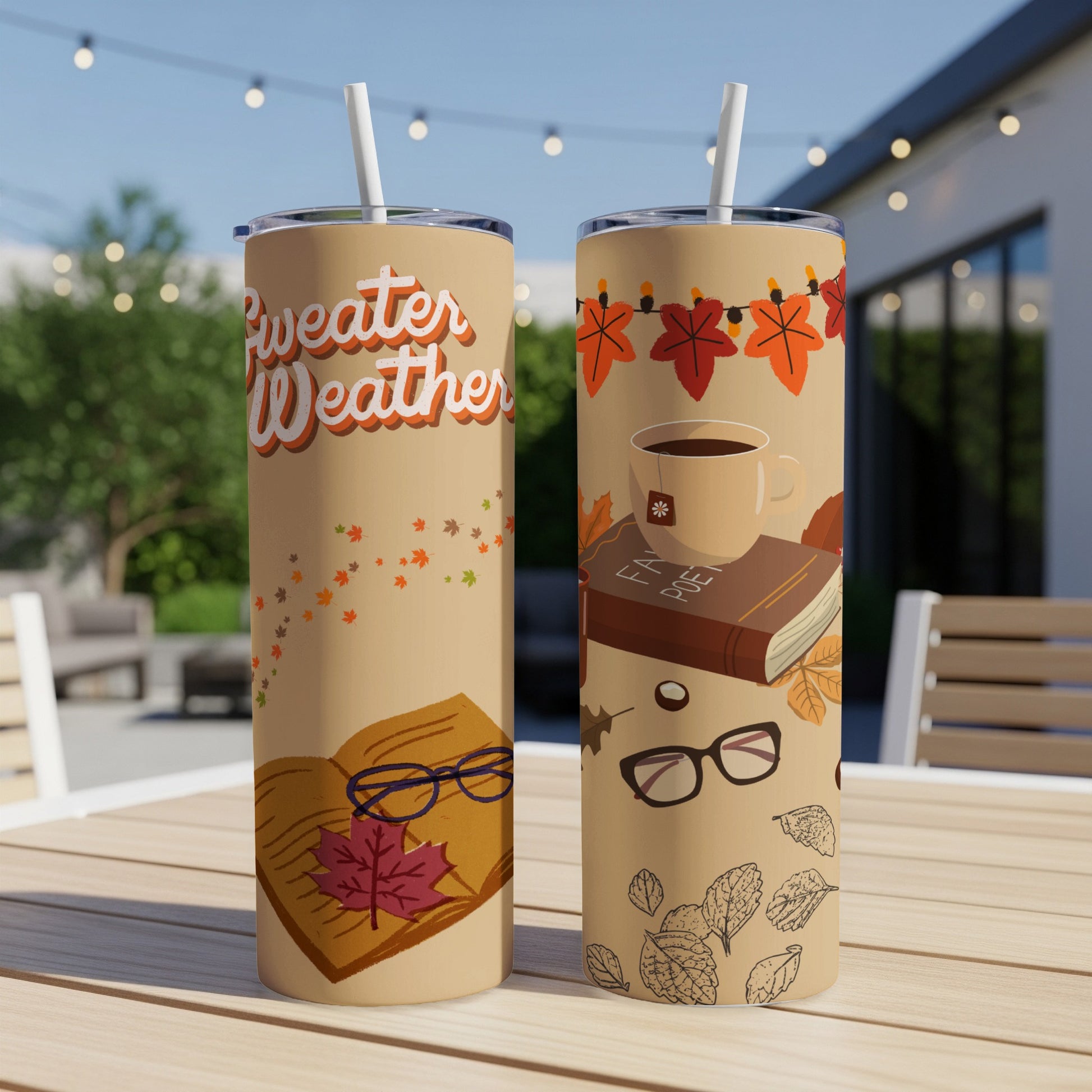 Two tan tumblers with "Sweater Weather" text and autumn illustrations.