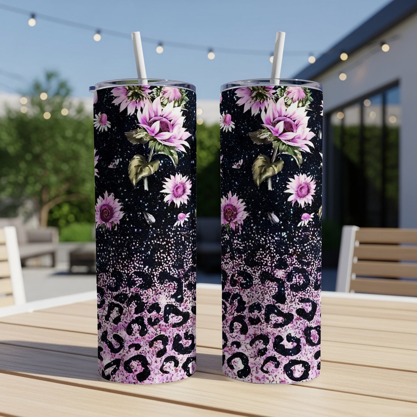 Two glittery tumblers with pink sunflowers and leopard print.