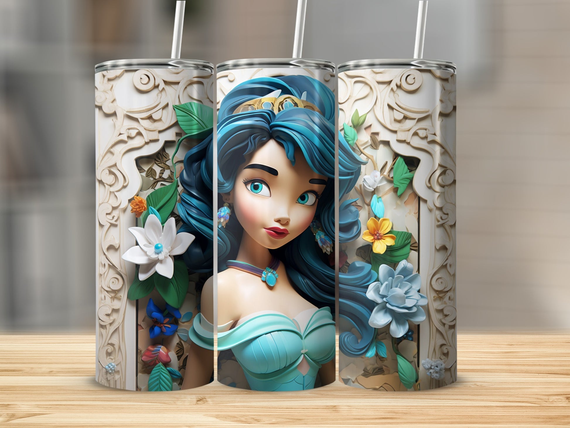 Blue-Haired Princess Floral Artwork Design Tumbler