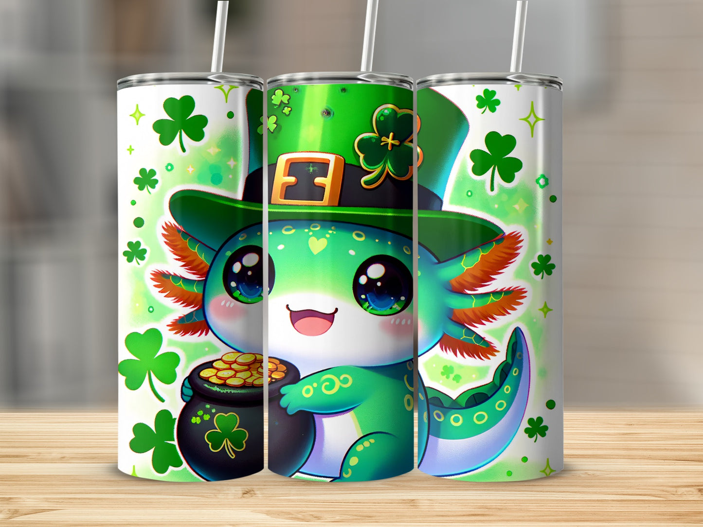 Cartoon axolotl in a leprechaun hat holding a pot of gold coins.