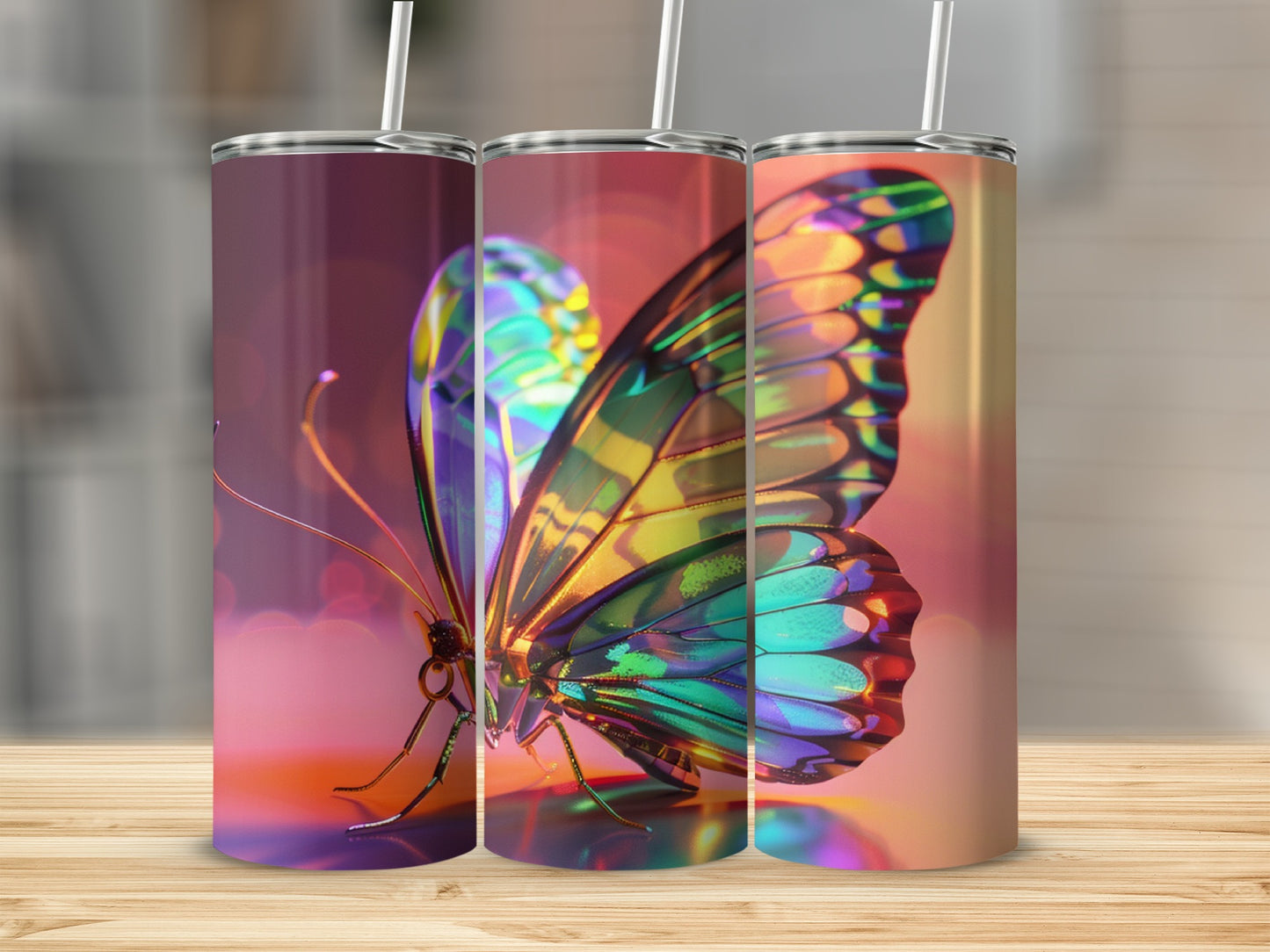 Iridescent butterfly on three tumblers, with bokeh background.