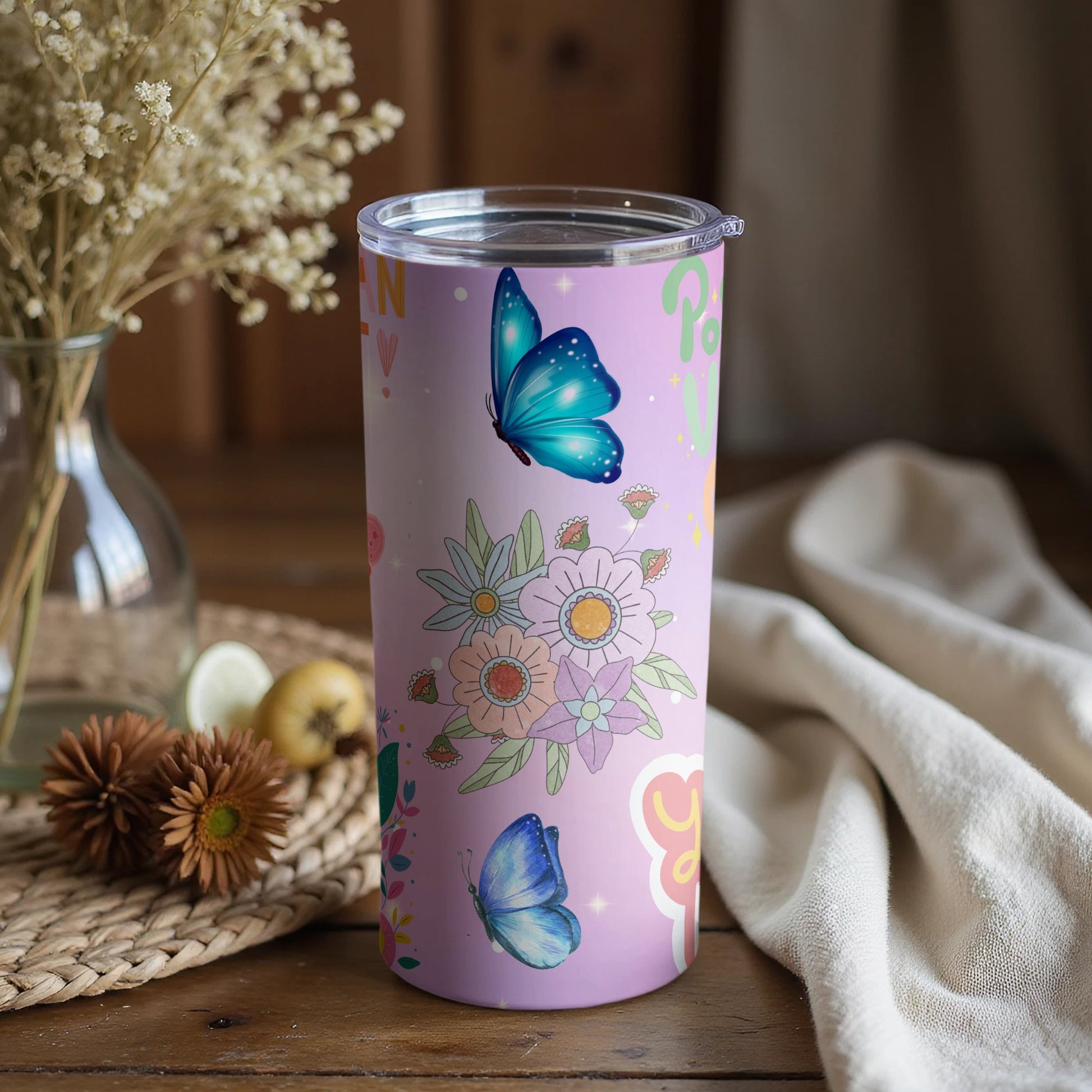 Butterflies and Flowers Design Insulated Tumbler Cup