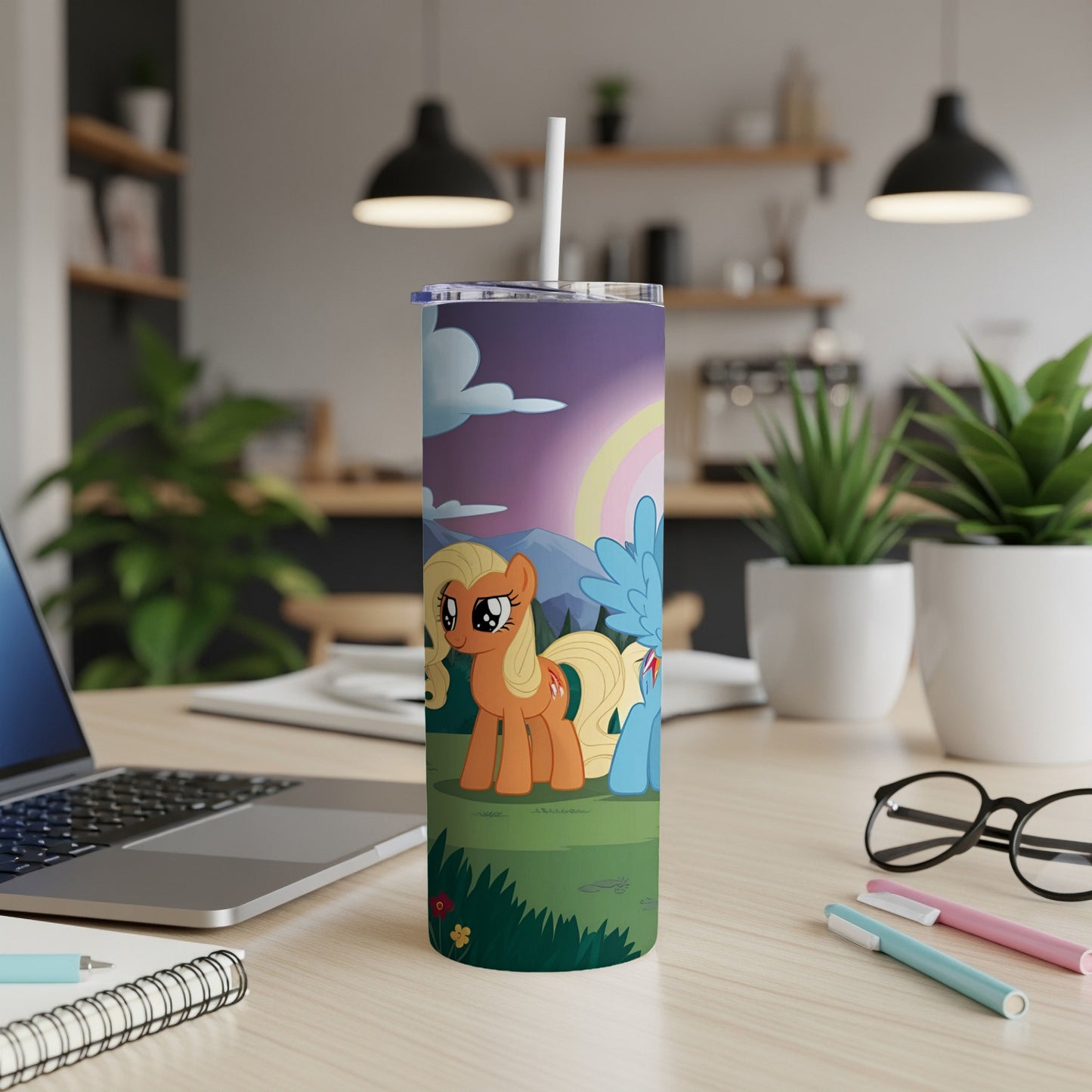 Rainbow Dash and Applejack from My Little Pony on a purple sunset tumbler.