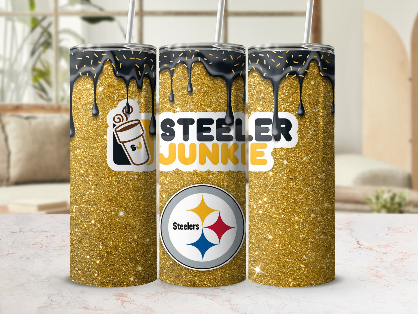 Steeler Junkie Glitter Tumbler with Straw Stainless Steel